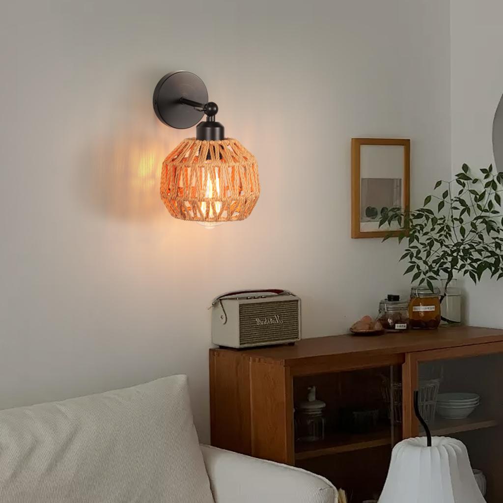 Rattan Wall Lamp Bedroom Living Room Corridor Wall Light E27 Bedside Lamp Retro Hemp Rope Woven Sconce Indoor Lighting Fixtures