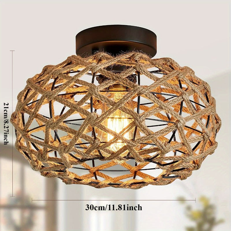 Oho Chic Hemp Rope Ceiling Light - Woven Rattan Wicker Accents - Semi Flush Mount Retro Fixture