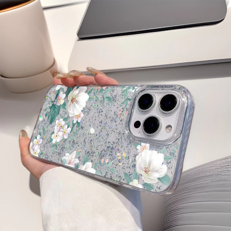 Cartoon Rose Phone Case with Glitter for IPhone 16 15 14 13 12 11 Pro Max Plus 16E X XR XS Max Hard Shockproof Bumper Back Cover