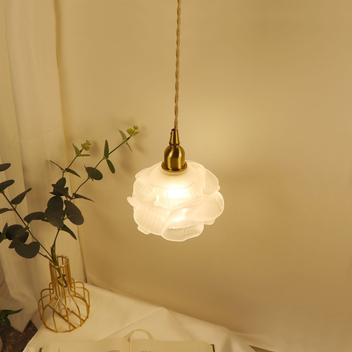 French Romantic Small Rose Glass Chandelier Lighting Bedside Bedroom Vintage Brass Light Luxury Hanging Lamp Living Dining Room