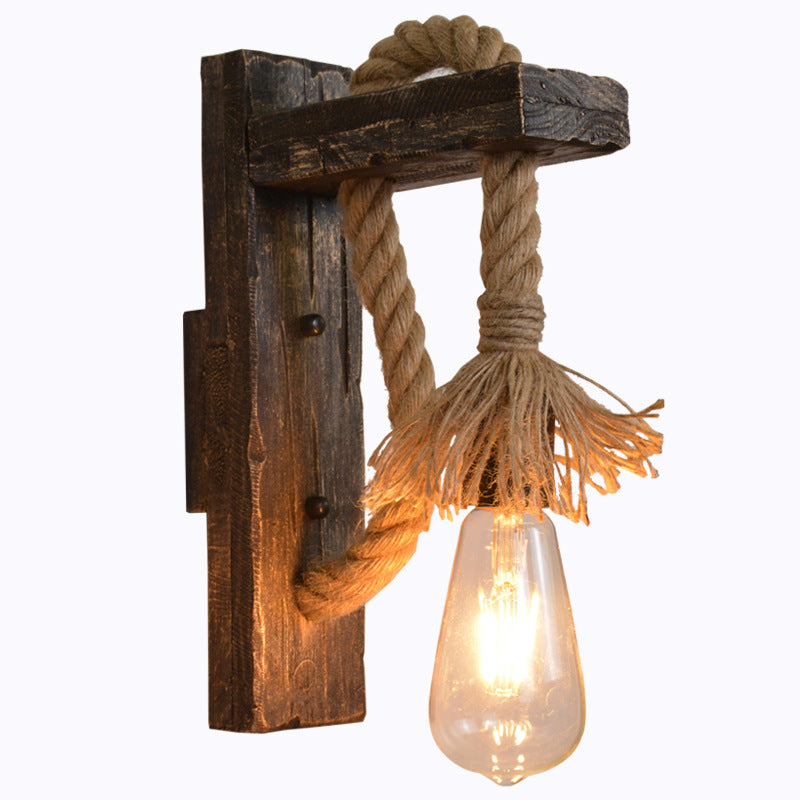 Vintage Wood Hemp Rope Wall Lamps Fixture Retro Hallway Bedside Loft Light Luminaire Industrial