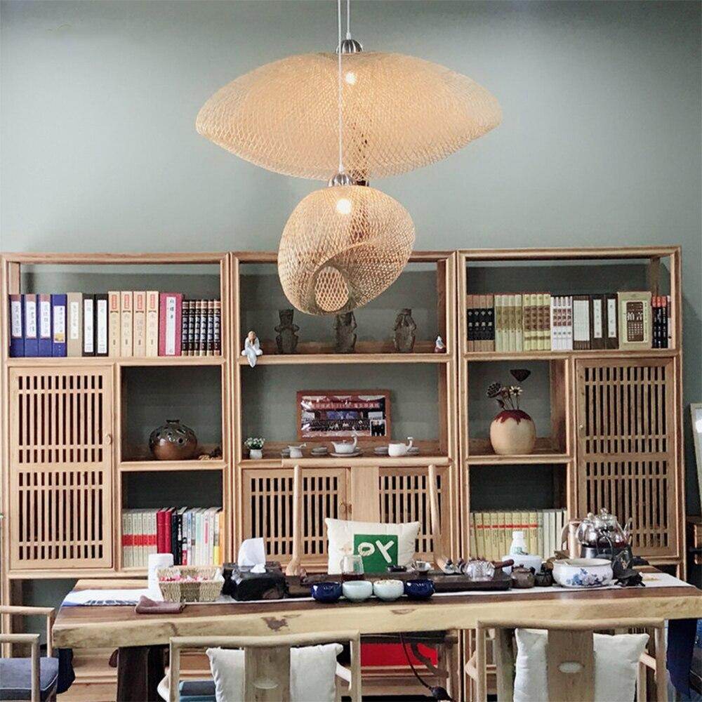 Bamboo LED E27 Wicker Rattan Wave Shade Pendant Light Vintage Japanese Lamp Suspension Home Indoor Dining Table Room Lighting
