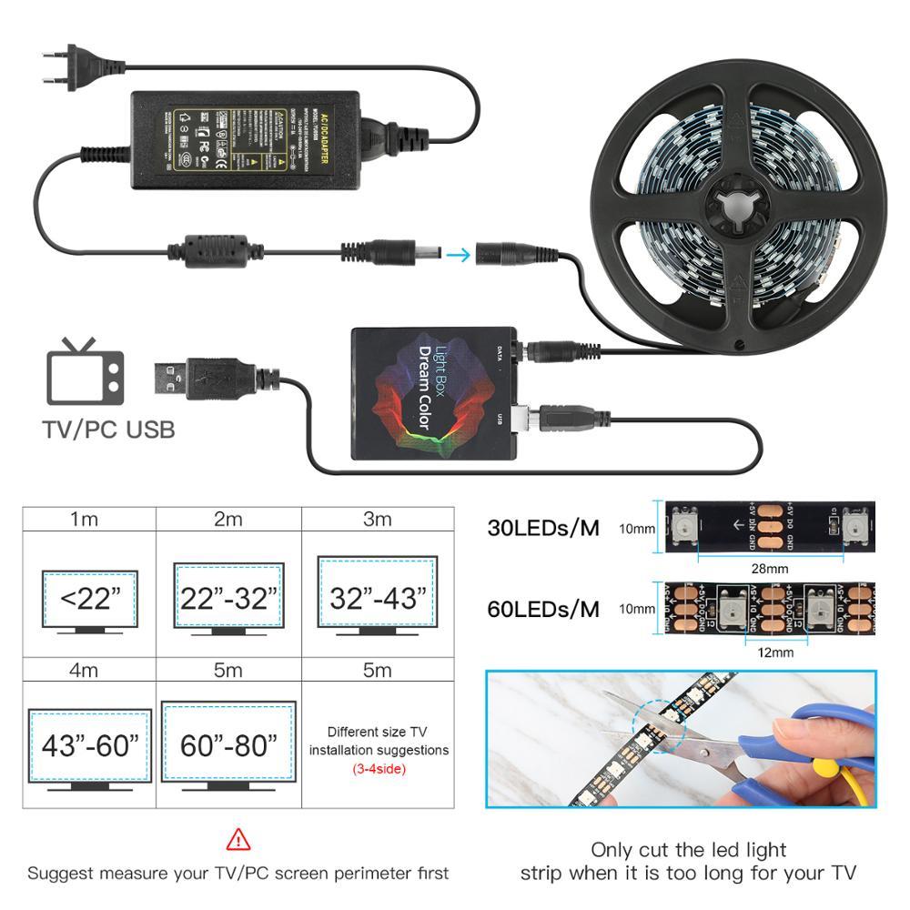 1/2/3/4/5m Ambient Android TV Backlight Dream Screen HDTV Computer Monitor USB LED Strip Addressable WS2812b LED Strip Full Set