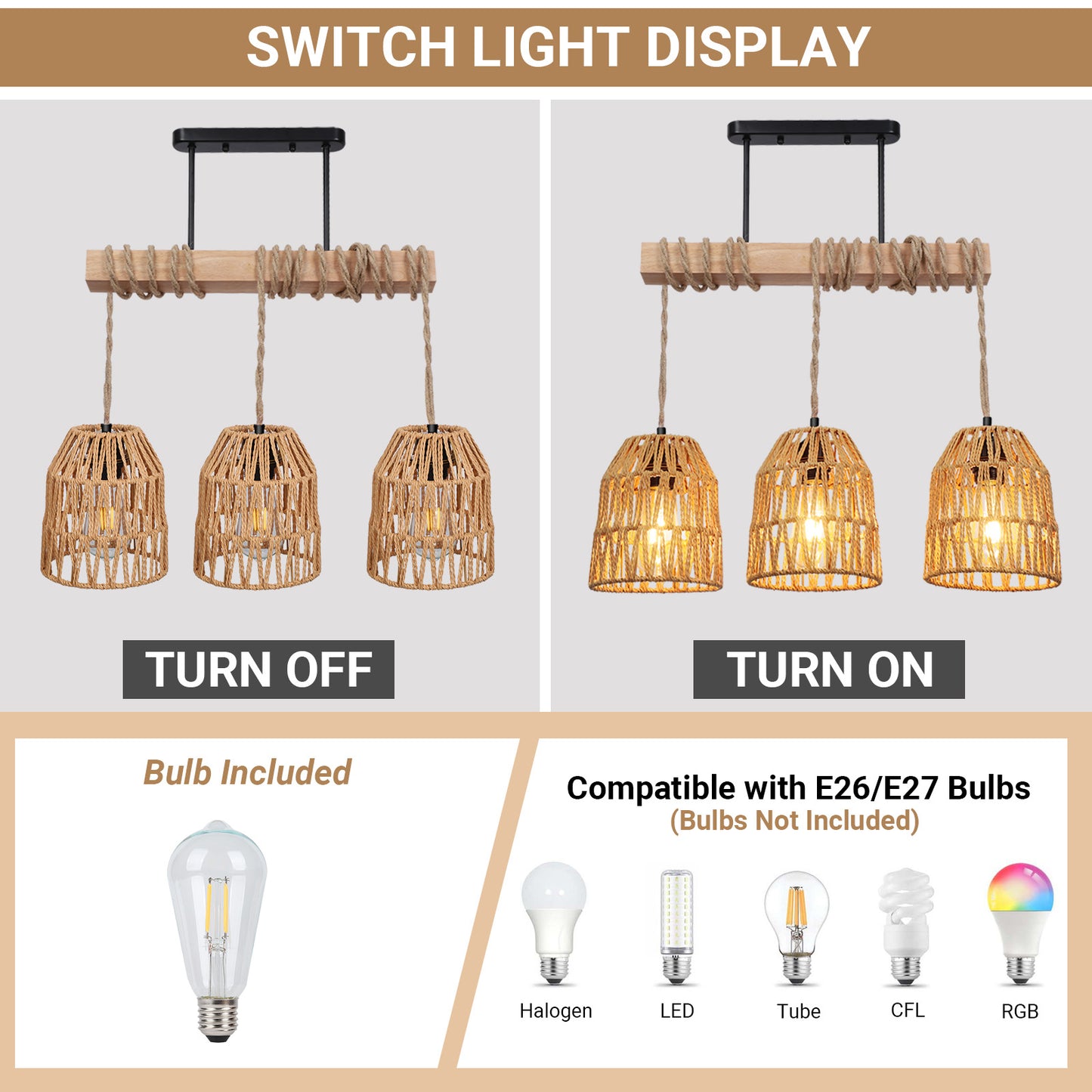 Boho Ceiling Lights Rattan Chandelier Light Hand Woven Flush Mount Hanging Lamp Pendant