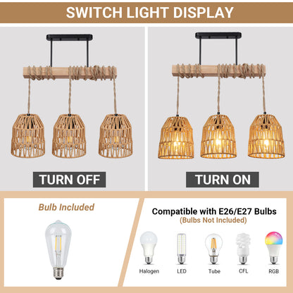 Boho Ceiling Lights Rattan Chandelier Light Hand Woven Flush Mount Hanging Lamp Pendant