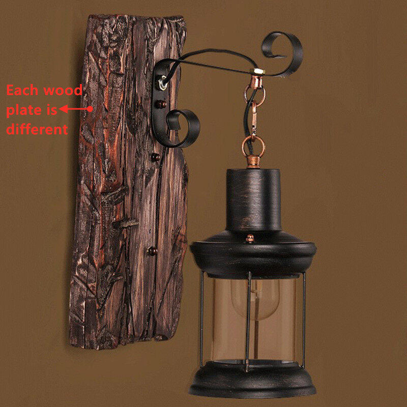 Outdoor Antique LED Loft Wall Lamp Wood Glass Restaurant Cafe Bar Sconces Vintage Industrial Retro Wall Sconce for Bedroom