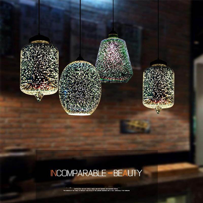 Modern 3D Colorful Romantic Starry Sky Hanging Glass Shade Pendant Lamp Lights Fixture E27 For Bedroom Restaurant Living Room