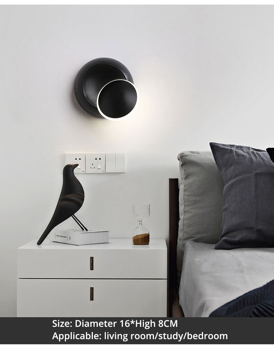 LED Wall Lamp 360 degree rotation adjustable bedside light White and Black creative wall lamp Black modern aisle round lamp