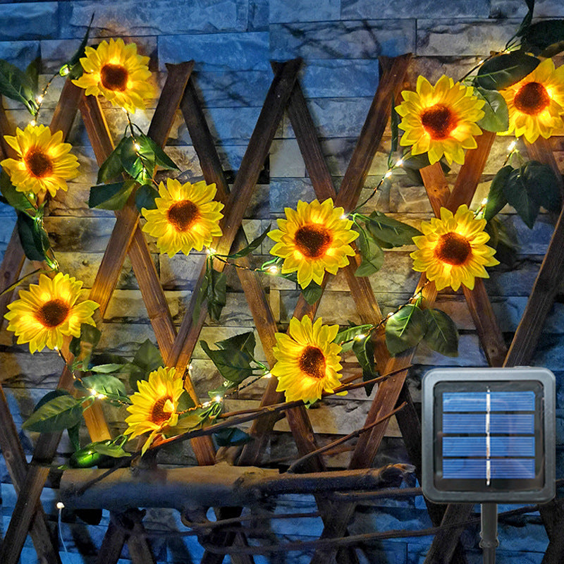 Solar Powered Sunflower Rose String Lights Artificial Ivy Leaves LED Fairy Lights Christmas Wedding Yard Fence Wall Decoration