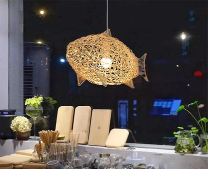 Creative Fish Pendant Lights Hand Woven Rattan Hanging Lamps Restaurant Bedroom Bar Light Fixture Home Teahouse Decoration