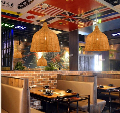 Hand Woven Rattan Pendant Light Japan Style Hanging Lamp E27 For Restaurant Bedroom Rustic Art Industrial Lamps Creative LED