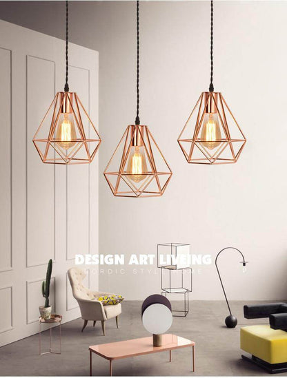 Modern Plating Metal Cage Pendant Lamp,Vintage Plating Rose Gold Birdcage Creative Hanging Lamp For Restaurant Living Room