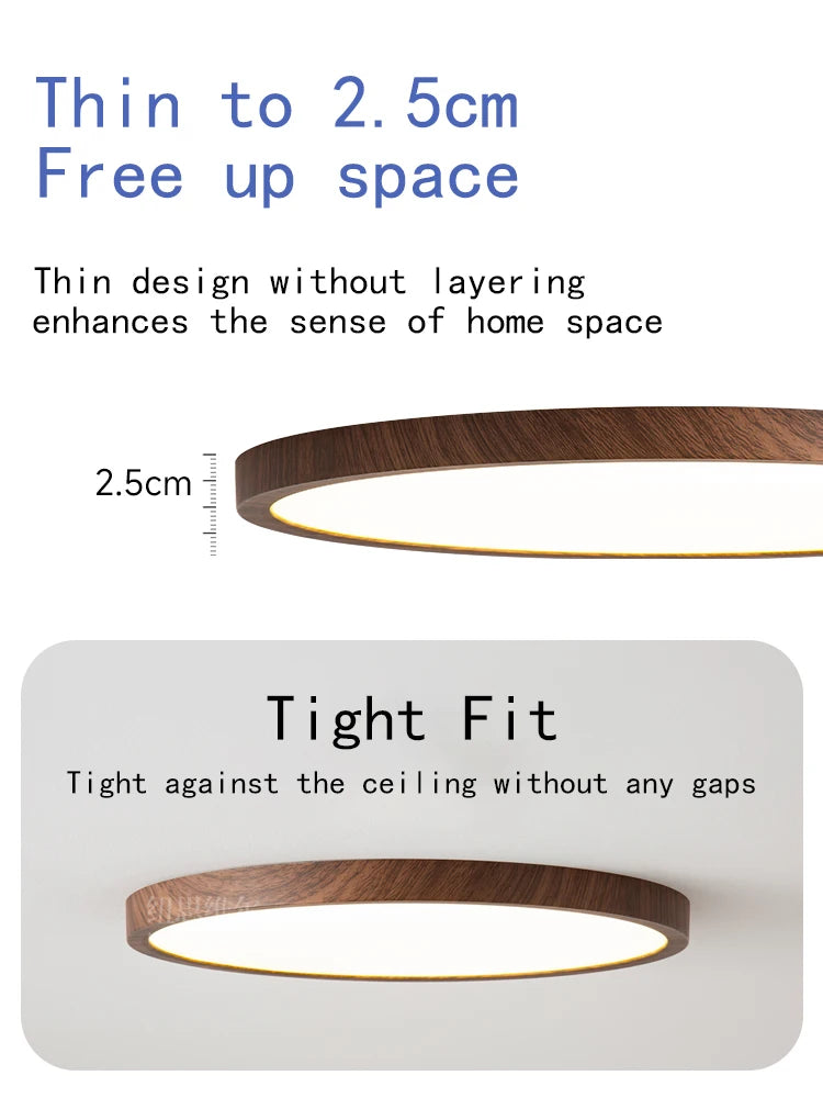 Modern LED Ceiling Light Circular Ultrathin Wood Grain Walnut Decorative Light Indoor Bedroom Living Room Dining Room Home Light