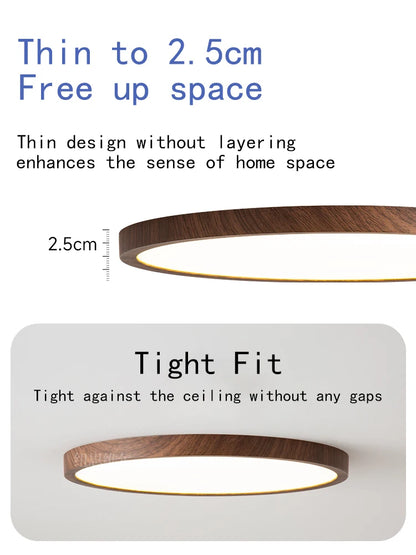 Modern LED Ceiling Light Circular Ultrathin Wood Grain Walnut Decorative Light Indoor Bedroom Living Room Dining Room Home Light