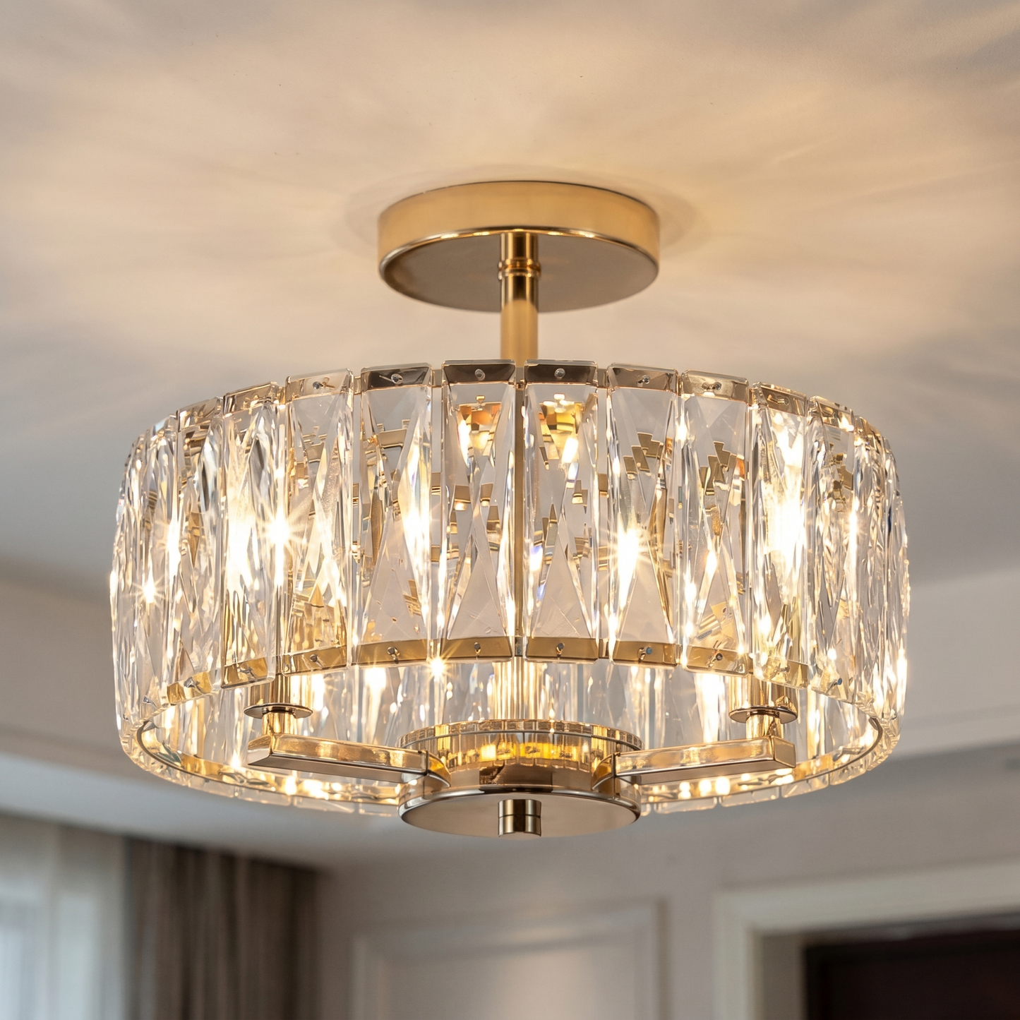 Modern Gold Round Crystal Ceiling Light K9 Crystal Semi Flush Mount Fixture for Living Room Bedroom Hallway