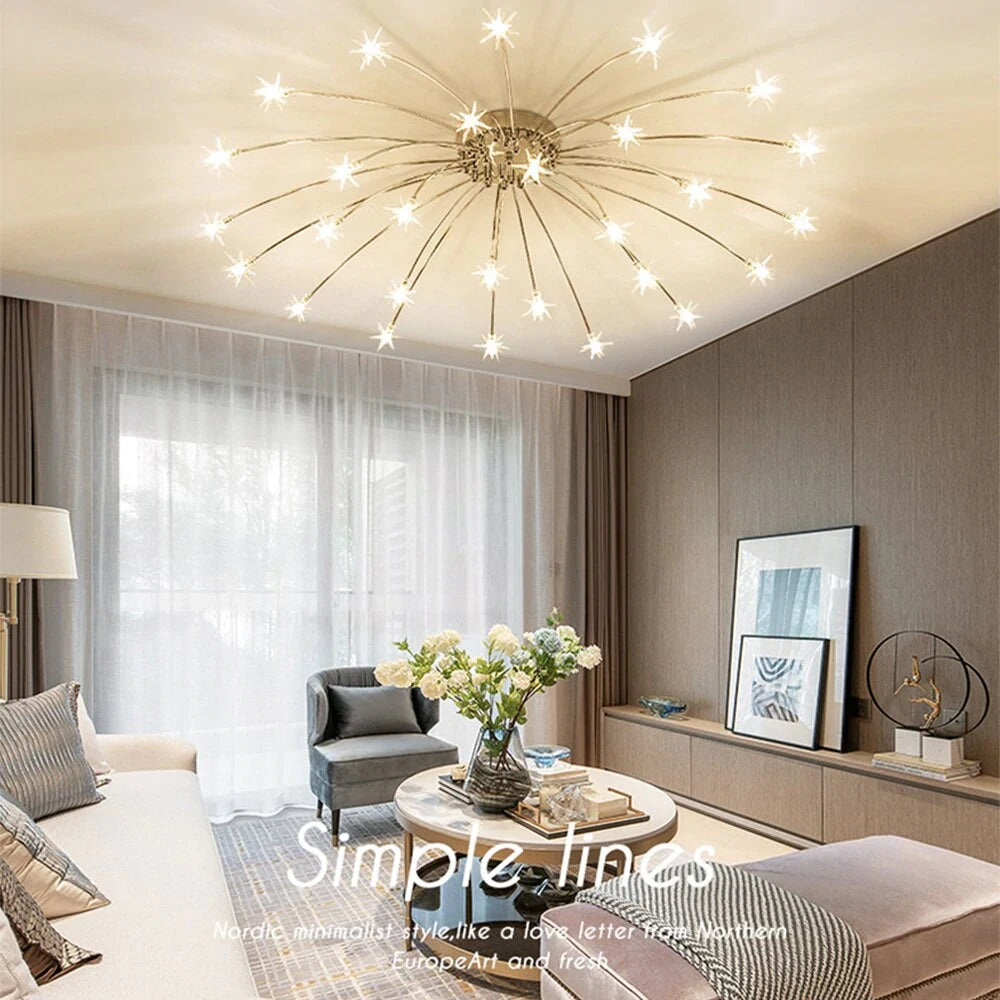 Starry Sky Stars LED Ceiling Lights Light Modern Round Crystal Glass 21/28 Heads Stars Lamps Bedroom Living Room Fixtures