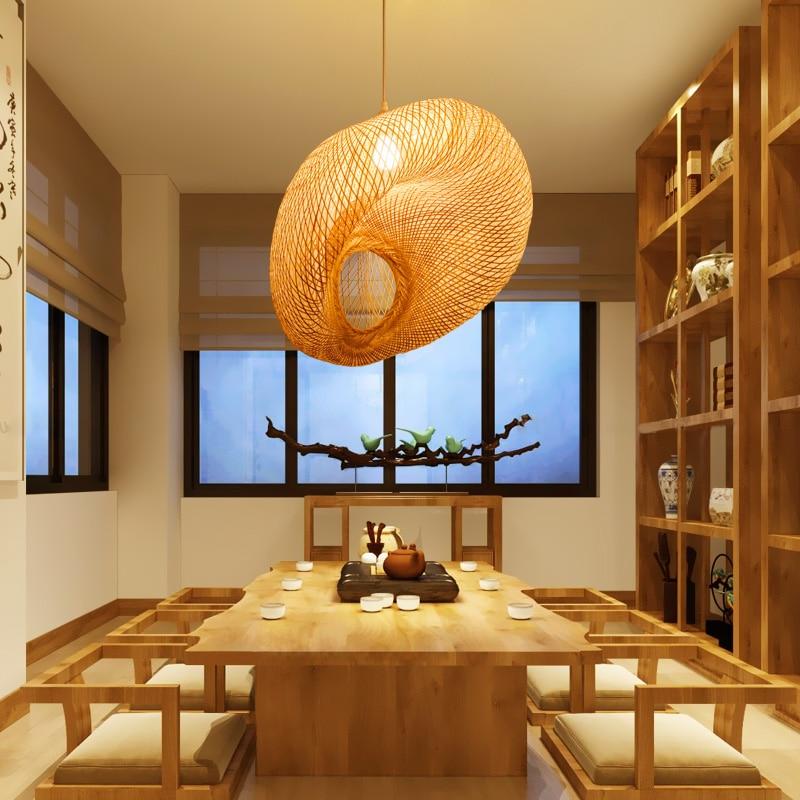 Handmade Bamboo Lamp Wicker Rattan Wave Shade Pendant Light Vintage Japanese Lamp Suspension Home Indoor Dining Table Room