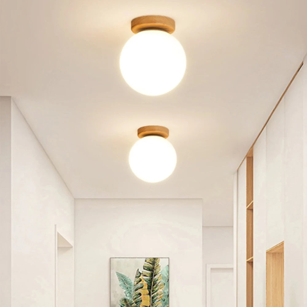 New E27 LED Nordic Solid Wood Ceiling Lamp Fixture Room Decor Lustre Modern Bedroom Glass Ball Ceiling Light