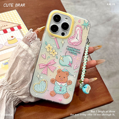 Cute Cartoon Bear Mobile Phone Case for IPhone 17 16 Promax 15 14 13 12 11 IPhone16pro Bow Bracelet Protective Case