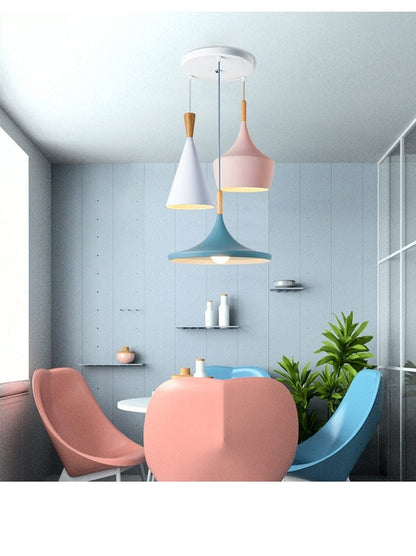 Nordic Creative Bar Loft Pendant Lights Cafe Restaurant Bedroom Multicolor Aluminum Lamp Shade Wood Hanging Lamp Family Lighting