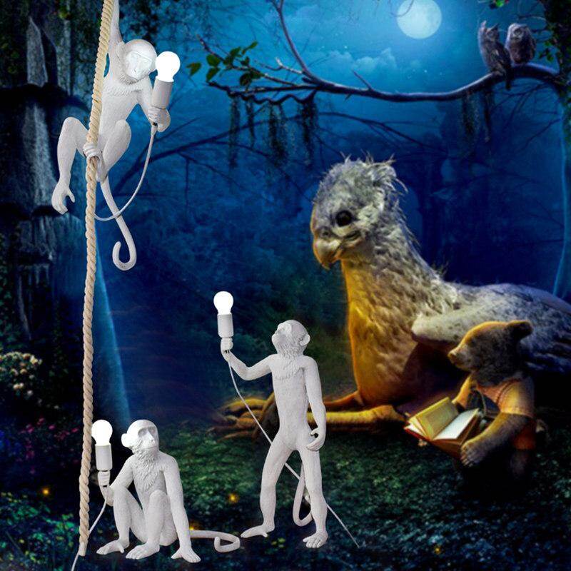 Modern Golden White Resin Monkey Pendant Lamp Suspension luminaire Loft Hemp Rope Pendant Light for Home Lighting