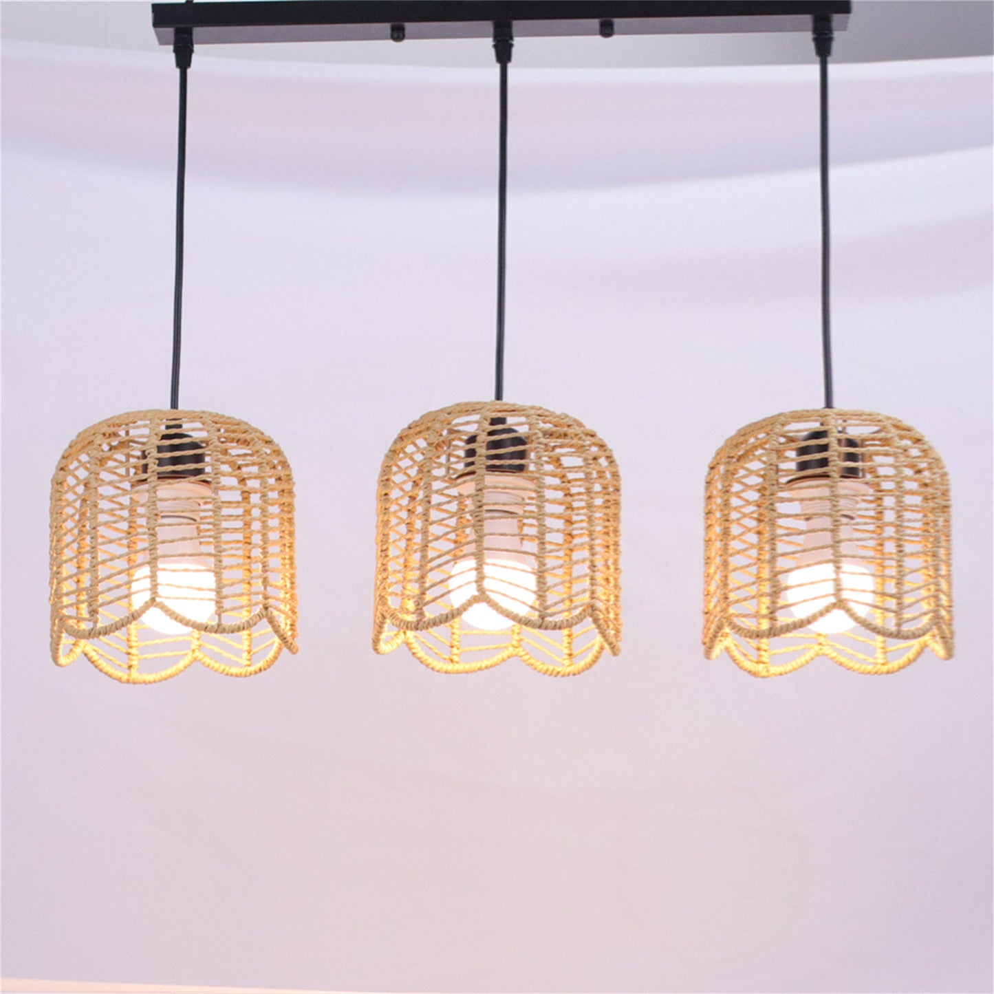 3-Heads Boho Woven Chandelier E27 Rattan Pendant Lamps Vintage Farmhouse Rural Bedroom Living Room Hanging Lighting