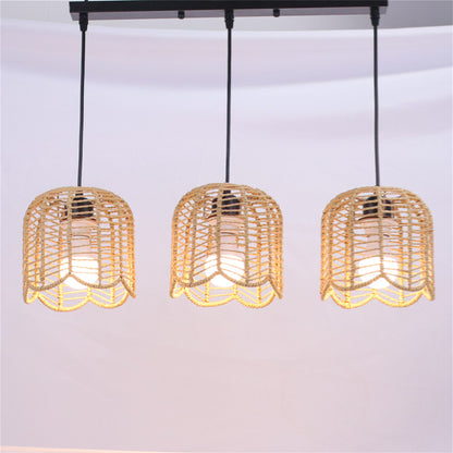 3-Heads Boho Woven Chandelier E27 Rattan Pendant Lamps Vintage Farmhouse Rural Bedroom Living Room Hanging Lighting