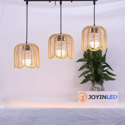 3-Heads Boho Woven Chandelier E27 Rattan Pendant Lamps Vintage Farmhouse Rural Bedroom Living Room Hanging Lighting