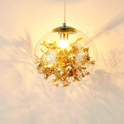 Modern Pendant Light Glass Ball Lamp With Metal Leaf Flower Glass Kitchen Bedside Hanging Lamp Kitchen Suspension Light