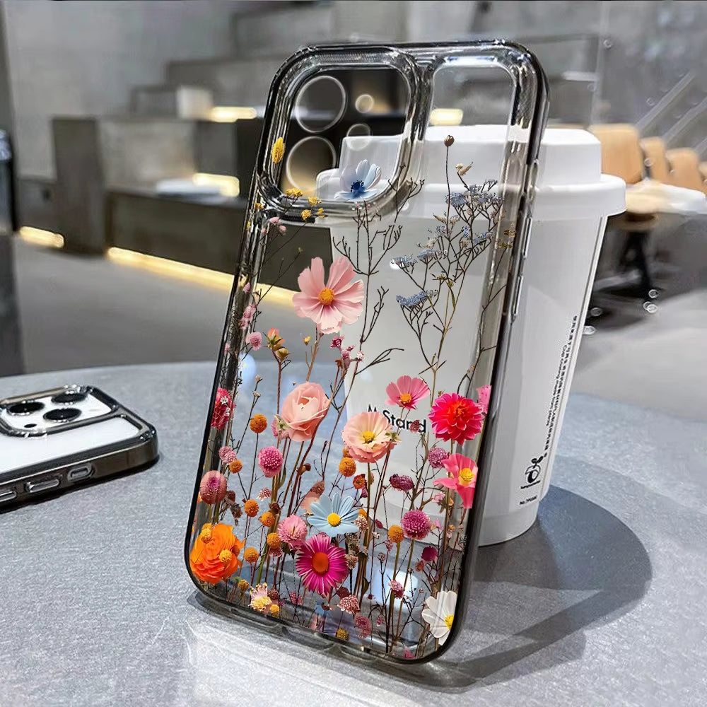 Flower Phone Case For iPhone 16 Pro 13 15 11 12 14 17 Pro Max 16E XR 7 8 SE XS Shockproof Transparent Cover Silicone Soft Fundas