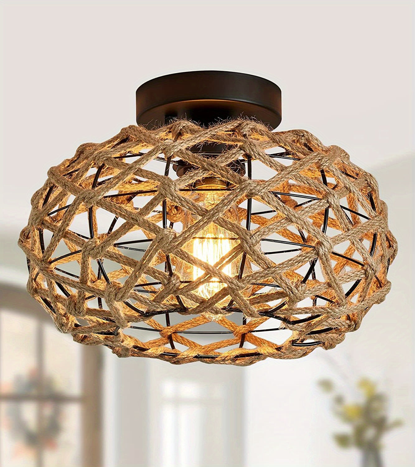 Oho Chic Hemp Rope Ceiling Light - Woven Rattan Wicker Accents - Semi Flush Mount Retro Fixture