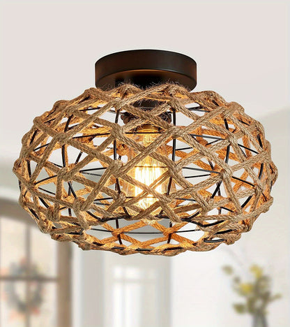 Oho Chic Hemp Rope Ceiling Light - Woven Rattan Wicker Accents - Semi Flush Mount Retro Fixture
