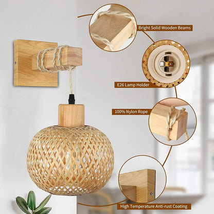 Retro Bamboo Wall Lamp Restaurant Rattan Lighting Bedside Bedroom Farmhouse Country Interior Background Wall Lamp