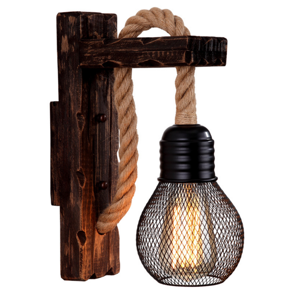 Vintage Wood Hemp Rope Wall Lamps Fixture Retro Hallway Bedside Loft Light Luminaire Industrial