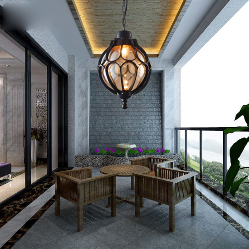 Waterproof Outdoor Garden LED Light Amber Glass Bronze Vintage Pendant Lamp Balcony Simple Hallway Entrance E27 Hanging