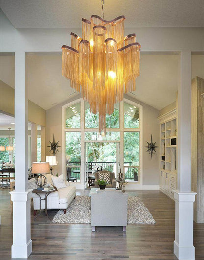 Modern Luxury Silver Gold Aluminium chain fringed Pendant Lamp Luxury Stair Pendant Hanging Light for Home Hotel Decoration