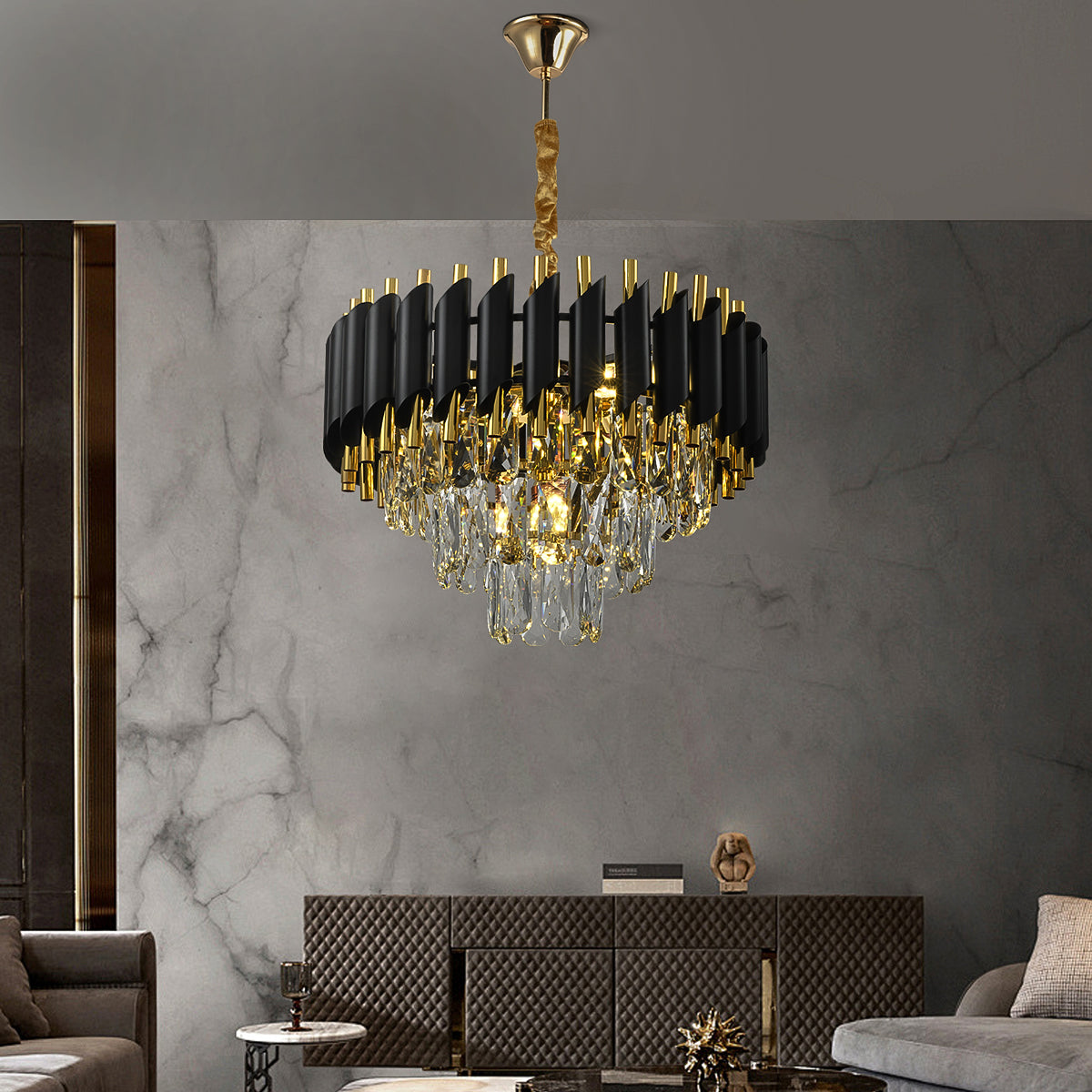 Modern 3-story Crystal Black Gold Chandelier Light 15.7 "Round Ceiling Lighting Dimmable Living Room Dining Room Foyer Bedroom