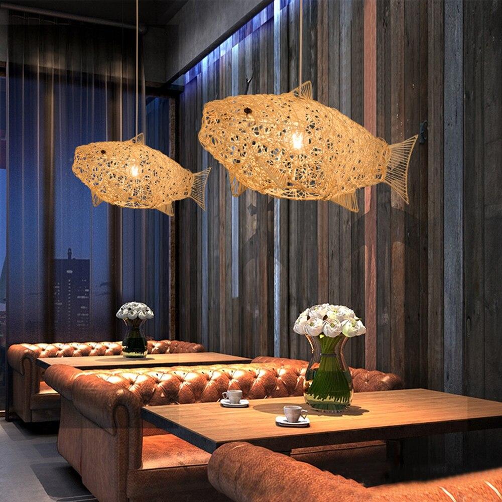 Creative Fish Pendant Lights Hand Woven Rattan Hanging Lamps Restaurant Bedroom Bar Light Fixture Home Teahouse Decoration