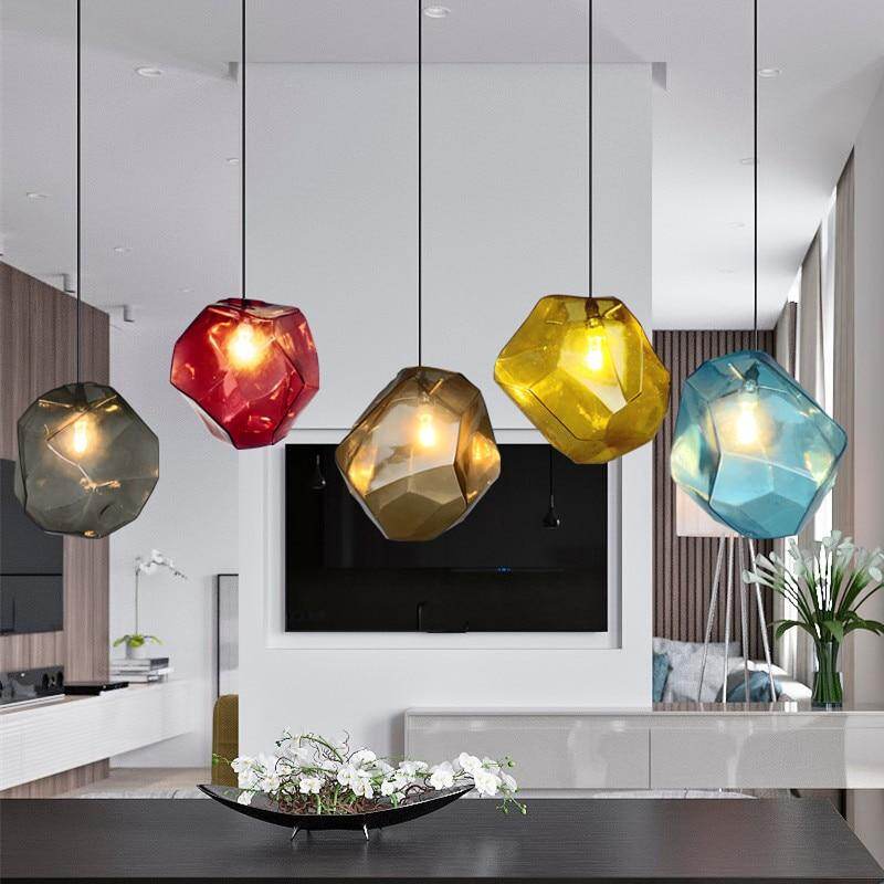 Modern Scandinavian Ice Crystal Glass Pendant Lights Creative Restaurant Hanging Lights Colored Stone Single Head Luminarias