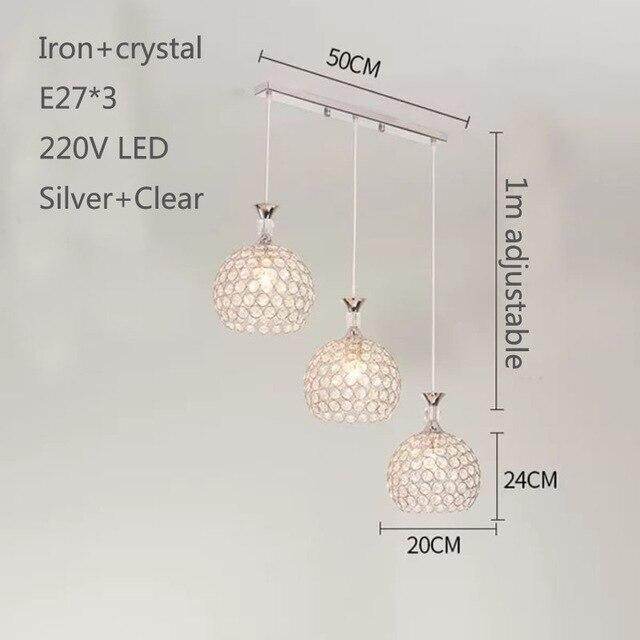 Modern Simplicity Style Indoor Decorations Pendant Lamp E27 LED Crystal Pendant Lights For Restaurant 3 Heads Hanging Light