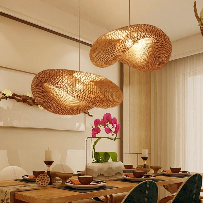 Handmade Bamboo Lamp Wicker Rattan Wave Shade Pendant Light Vintage Japanese Lamp Suspension Home Indoor Dining Table Room