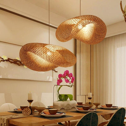 Handmade Bamboo Lamp Wicker Rattan Wave Shade Pendant Light Vintage Japanese Lamp Suspension Home Indoor Dining Table Room