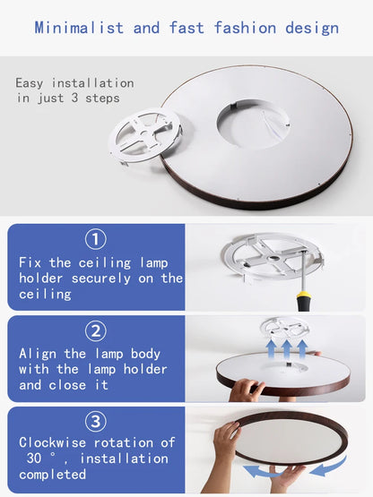 Modern LED Ceiling Light Circular Ultrathin Wood Grain Walnut Decorative Light Indoor Bedroom Living Room Dining Room Home Light