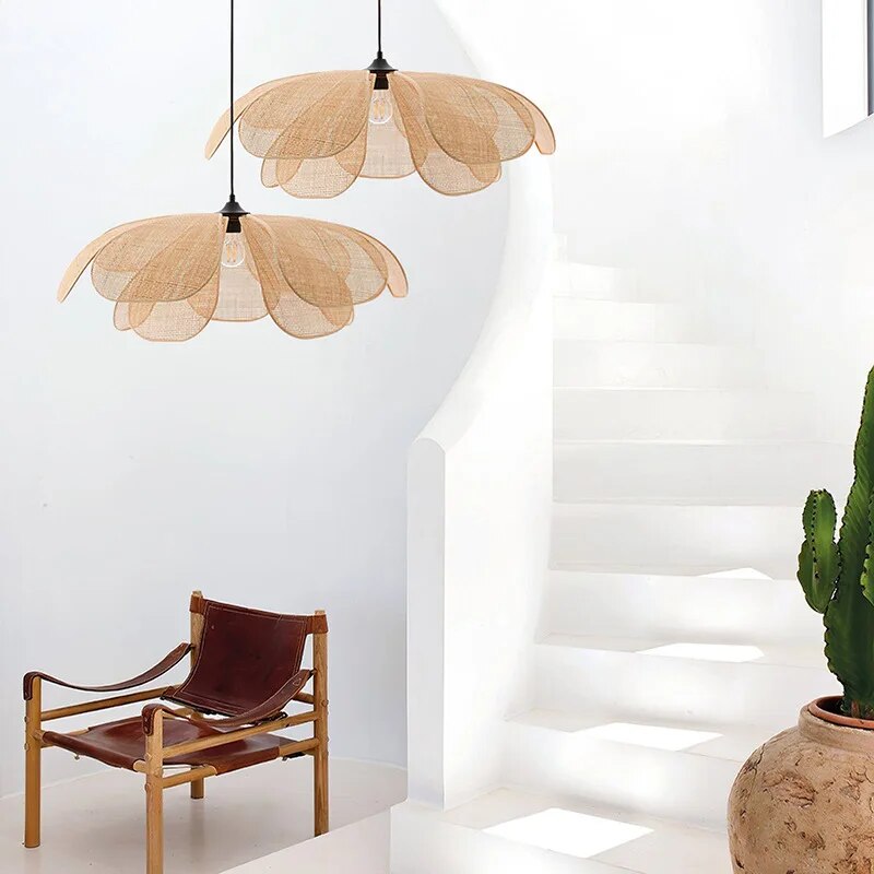 Nordic Rattan Art Petal Pendant Light Vintage Handicraft Silent Wind Lamps for Living Room Bedroom Dining Room Table Chandeliers