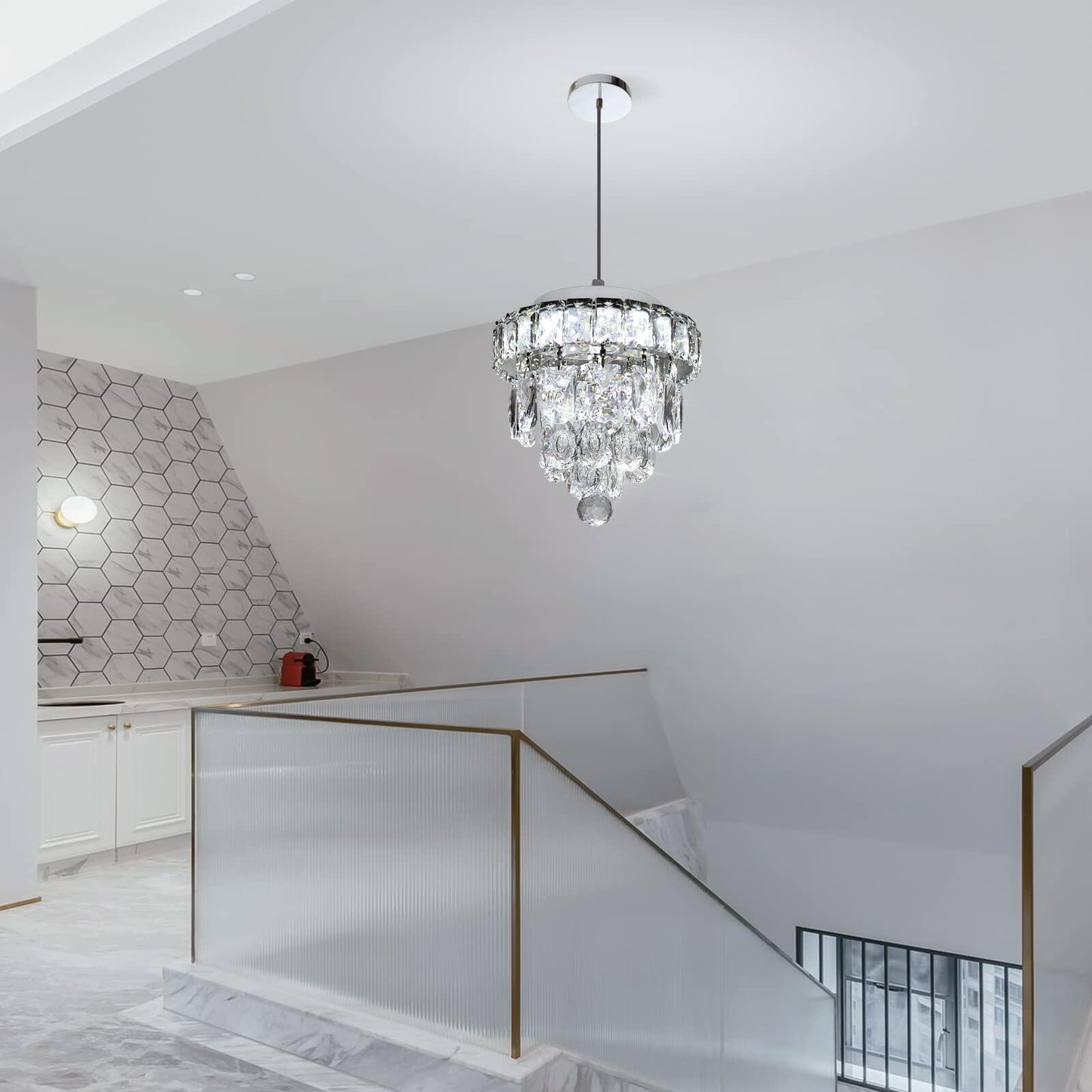 Mini Crystal Chandelier,Chrome Ceiling Pendant Light Fixtures,LED Crystal Flush Mount Ceiling Light Dimmable for Room Hallway