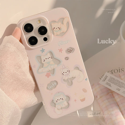 Cartoon Pink Hollow Out Glitter Stars Cute Cat Shock Proof Phone Cover Case for iPhone 17 16 15 14 13 12 11 Pro Max Plus Air