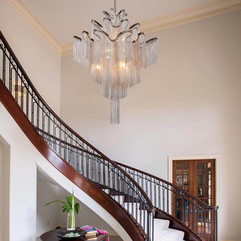 Modern Luxury Silver Gold Aluminium chain fringed Pendant Lamp Luxury Stair Pendant Hanging Light for Home Hotel Decoration