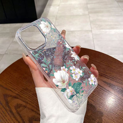 Cartoon Rose Phone Case with Glitter for IPhone 16 15 14 13 12 11 Pro Max Plus 16E X XR XS Max Hard Shockproof Bumper Back Cover