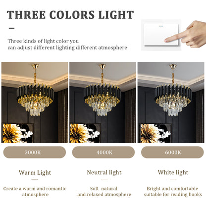 Modern 3-story Crystal Black Gold Chandelier Light 15.7 "Round Ceiling Lighting Dimmable Living Room Dining Room Foyer Bedroom