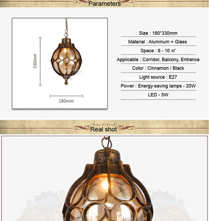 Waterproof Outdoor Garden LED Light Amber Glass Bronze Vintage Pendant Lamp Balcony Simple Hallway Entrance E27 Hanging